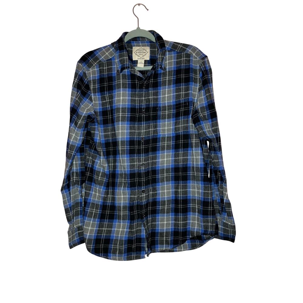 St. John's Bay Blue, Gray, Black, Button Front Plaid Flannel Size Medium